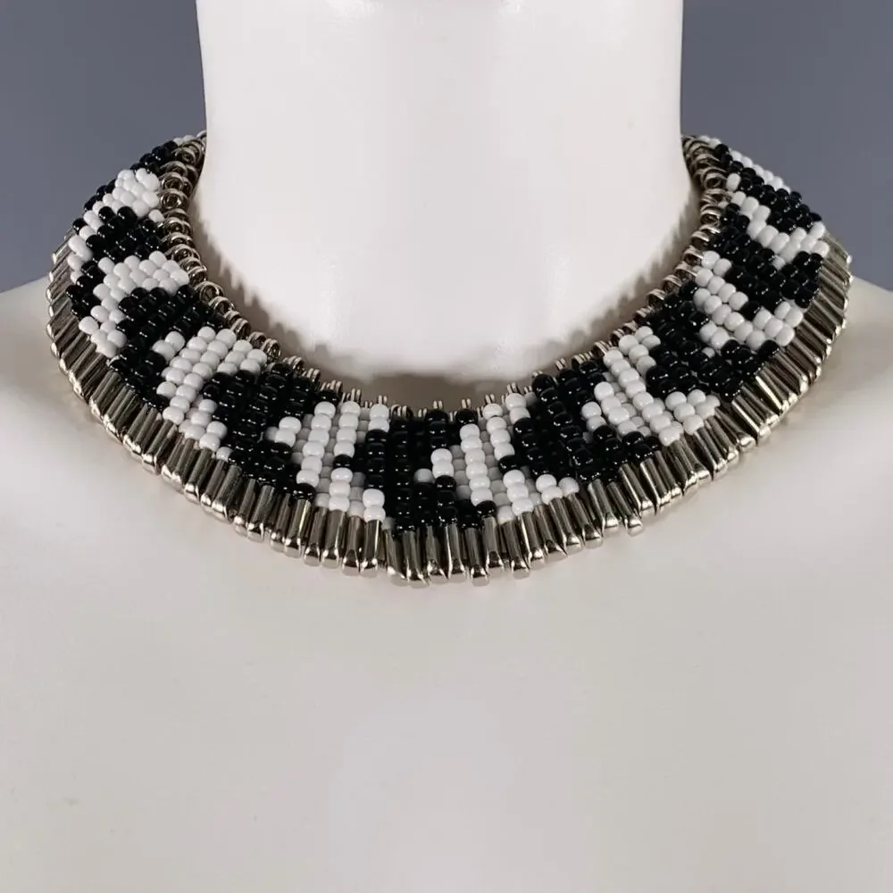 NO BRAND Silver Black White Beaded Metal Safety Pin Necklace